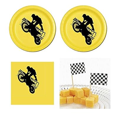Motorcross Party Pack - 16 guests - cake plates, napkins and checker flag picks