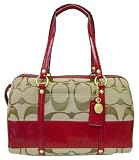 Coach Signature Khaki Red Stripe Patent Satchel