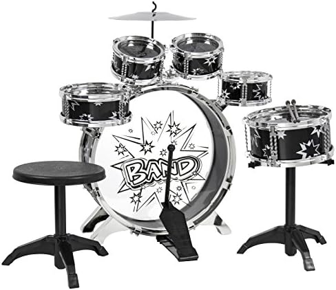 Kids Drum Set Kids Toy with Cymbals Stands Throne Black Silver Boys Toy Drum Kit