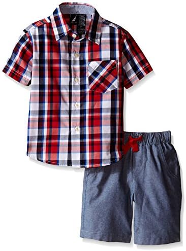 Nautica Little Boys' Two Piece Short Sleeve Woven Shirt with Pull On Bottom,Carmine,Medium(5/6)
