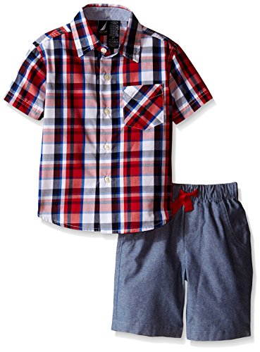 Nautica Little Boys' Two Piece Short Sleeve Woven Shirt with Pull On Bottom,Carmine,Medium(5/6)