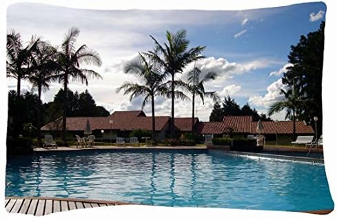 Queen Size Decorative PillowCase -Nature pool lodgess rest images palm trees sky