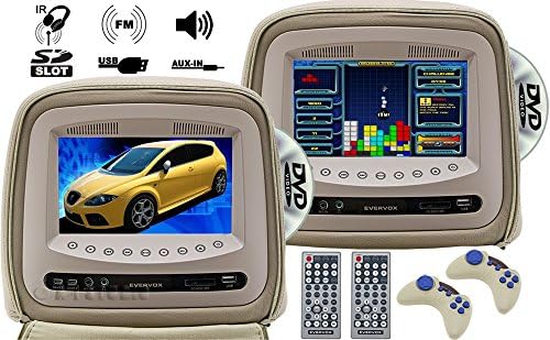 Universal 7" Dual Headrest Monitor with CD/DVD/MP3/MP4/VCD Player, USB/SD, Built-in FM/IR transmitter, Speakers, Remote Control and Videogames on Both Units (Pair) EV-7088HDG Beige