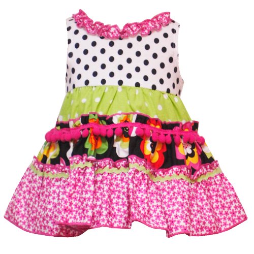 Rare Editions Baby/Infant Girls 3M-9M FUCHSIA-PINK BLACK WHITE RUFFLE NECKLINE MULTI-FLORAL TIERED POM-POM Spring Summer Party Dress