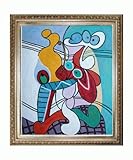 IMAGE OF Art Reproduction Oil Painting - Picasso Paintings: Still Life on Pedestal Table with Elegant Wood Frame - Champagne Finish - 26