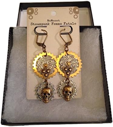Funky Steampunk Skull and Gear Dangle Earrings | High-quality Etched Brass with Vintage Flair