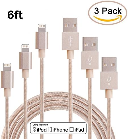 Sethjcsy 3Pack 6FT Nylon Braided 8Pin Lightning Cable Charging Cord USB2.0 Data Sync Cable for iPhone 6/6s/6 Plus/5/5c/5s, iPad 4 Mini Air iPod Nano 7 iPod Touch 5 (Golden)