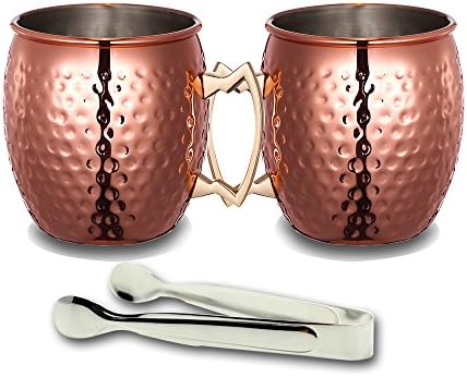 Moscow mule copper mug, hammered type, copper nail and cup and handle 18 oz stainless steel lining, free ice tongs Set of 2