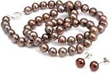 Bobijou Chocolate Near Round 7 8mm Knotted Pearl Necklace With Sterling Silver Lobster Clasp With Matching Silver Earring Studs
