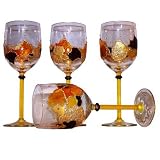 ArtisanStreet's Set Of 4 Wine Glasses. Hand Painted In Abstract Design Featuring Tones of Yellow, Brown & Gold. One Of A Kind & Signed By Artisan.