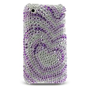 Premium Designer Hard Crystal Snap-on Case for Apple iPhone 3G, 3GS 3G-S - Full Diamond Case with Purple Silver Heart