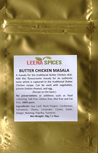 Butter Chicken Masala Spice Mix - Original Blend Of 12 Fresh Premium And Pure Quality Seasoning By Leena Spices® - Gluten Free Salt Free - Essential Famous Mouth Watering Indian Curry Recipe On The Back Cover - 50g / 1.8oz.