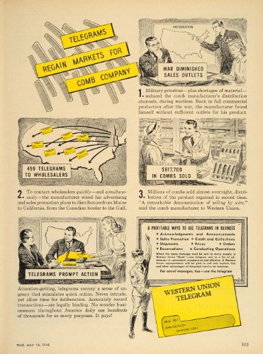 1948 Ad Western Union Telegram Business Combs Cartoon - Original Print Ad