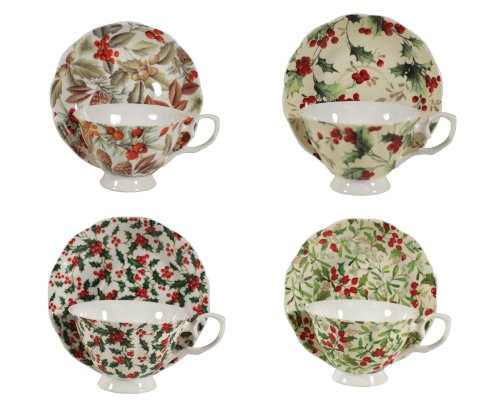 Gracie Bone China Classic Christmas 8-Ounce English Tea Cup and Saucer, Assorted Set of 4 On Sale