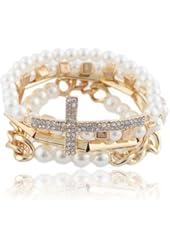 Ivory with Goldtone 4 Piece Bundle of Iced Out Cross, Link & Bar Chain Beaded Stretch Bracelet
