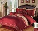 7 Pc. SATIN COMFORTER WITH EMBROIDERED SCROLLING DETAIL W/ MATCHING PILLOWS, QUEEN, BURGUNDY/TAUPE