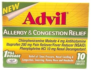 Advil Allergy and Congestion Relief Chlorpheniramine Maleate 4 Mg Antihistamine Ibuprofen 200 Mg Pain Reliever Fever Reducer Phenylephrine Hcl 10 Mg Nasal Decongestant 10 Coated Tablets (1 Pack)