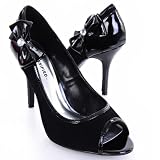 Black Nubuck Peep Toe Patent Bow Heels Rockabilly