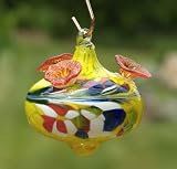 Outdoor Living : Yellow Kaleidoscope Hand Blown Glass Hummingbird Feeder