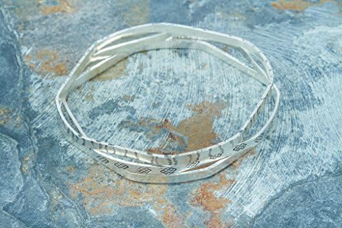 Silver Bangles Set of Three, Soft Square Shape, Sterling Silver, Stamped, Hammered, Octogon, texture