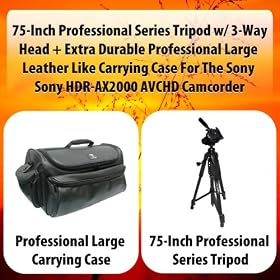 75-Inch Professional Series Tripod w/ 3-Way Head + Extra Durable Professional Large Leather Like Carrying Case For The Sony HDR-AX2000 AVCHD Camcorder