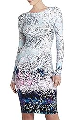 Spring Fall Winter Polyester Long Sleeves Floral Print Colorblocking Midi Dress 