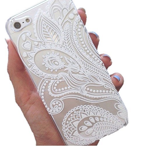 iPhone 5S Case, Wendy's StoresTM Clear Plastic Case Cover for Apple Iphone 5 5S 5G (Henna White Floral Paisley Flower Mandala)