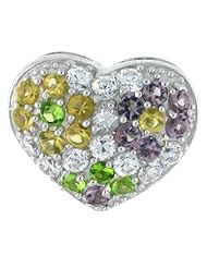 Sterling Silver Heart Pendant, w/ Brilliant Cut Clear, Amethyst-colored, Peridot-colored & Yellow Topaz-colored CZ Stones, 1/2 inch (14 mm) tall, w/ 18" Thin Snake Chain