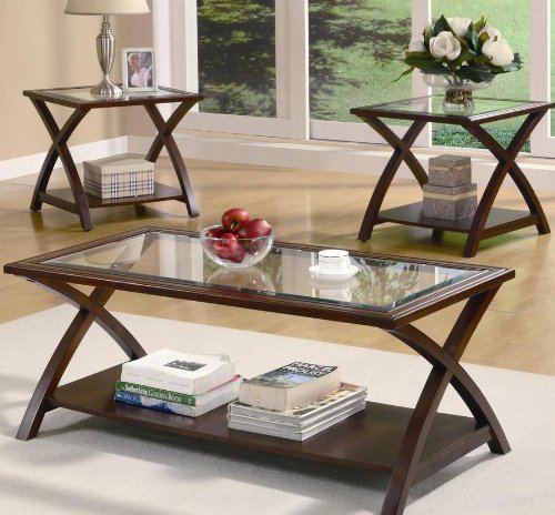 3PC Modern Coffee Table Set With Glass Top Coffee Table And Two End Tables In Cappuccino Finish. (Item# Vista Furniture CF701527)