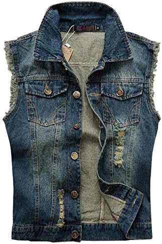 Men's Sleeveless Lapel Denim Jackets KissAir(TM) Retro Slim Fit Vest Outwear,Blue