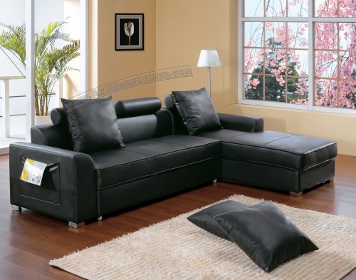 Black Leather Pull Out Sleeper Sectional Sofa Modern Furniture