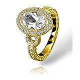 Pave Diamond Oval White Topaz Ring in yellow gold by Zasha Signature Jewelry