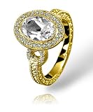 Pave Diamond Oval White Topaz Ring in yellow gold by Zasha Signature Jewelry