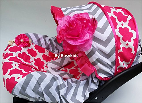 Rosy Kids Infant Car Seat Cover Canopy Kit - 4 Piece Whole Caboodle In Cotton Chevron Print