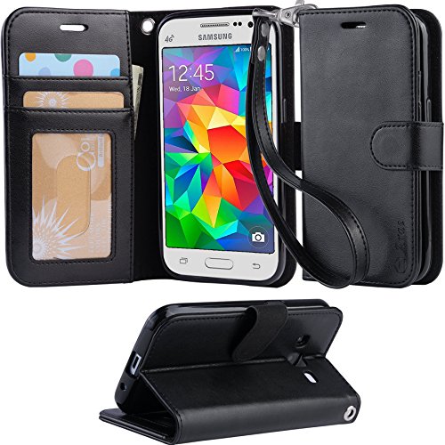 Core Prime Case, Arae Samsung Galaxy Core Prime wallet case,[Wrist Strap] Flip Folio [Kickstand Feature] PU leather wallet case with ID&Credit Card Pockets For Samsung Galaxy Core Prime (Black)