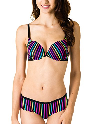 Bella Intimates Juniors Extreme Push up Bra with Laser Cut Hipster Panties (38B/Large, Black Striped)