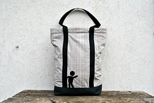 Zippered Tote Purse Bag in modern Grey Tartan and black fabric "Little Man" Collection