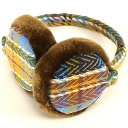 Winter Fuzzy Ski Earmuff Adjustable Zig Zag Plaid Turquoise Blue