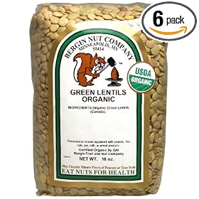 Bergin Nut Company Organic Green Lentils, 16-Ounce Bags (Pack of 6)