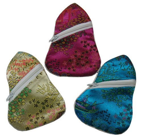 Chinese embroidered brocade fabric zippered calabash pouch - set of 3 assorted colors