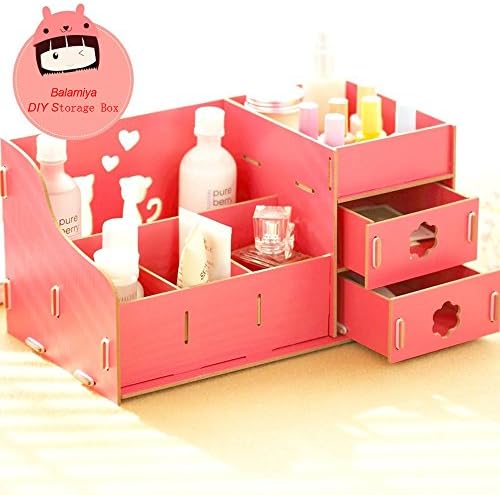 Balamiya Fashion Creative Wooden DIY Double Drawer Cosmetic Make up Removable Collection Organizer Jewelry Storage Box Cute Lovely Romantic Desktop Finishing Box for Bedroom (Watermelon Red Cat)