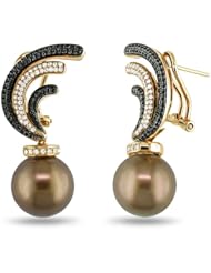 18k Rose Gold Chocolate Tahitian Cultured Pearl and Black and White Diamond Earrings (0.88 cttw, G-H Color, SI Clarity)