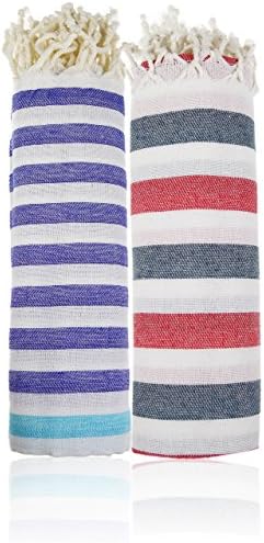 100% Cotton Pestemal (Peshtemal) Turkish Bath Towel - 39.5 X 68" (Red Stripe/ Blue Stripe) Set Of 2