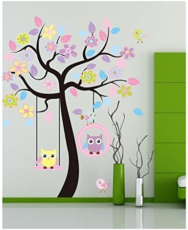 Wall Sticker Decal, Beautiful Tree with Hanging Owls Pink Flowers-A by Tianhong