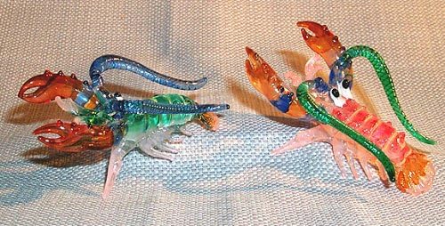 Crawfish Set Crayfish Pink+Green small Art Glass Figurines 2 pc. lot