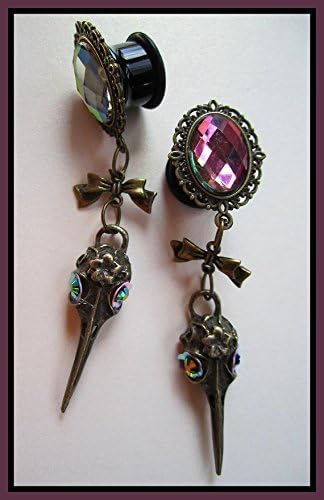 The Charming Bird Skull Dangle Stretched EAR PLUGS Gauge Size 2g, 0g, 00g, 7/16, 1/2, 9/16, 5/8, 11/16" inch aka 6, 8, 10, 12, 14, 16, 18mm