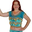 Turquoise Velvet Blouse with Gold Beading & Gold Coins