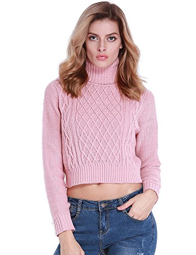 PrettyGuide Women Turtleneck Twist Cable Knit Long Sleeve Crop Sweater Tops
