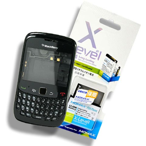 Brand New Full Housing Cover Case Faceplate Fascia Plate+Middle Chassis+Battery Back Door+Keyboard Keypad Button Buttons Key Keys+Momax 1150mAh High Capacity X-Level Backup Spare Extra Power For BlackBerry Curve 8520 [Black]