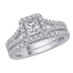 14K White Gold 1 1/2 ct. Diamond Bridal Engagement Set with Princess Cut Center Diamond